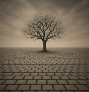 Verlassener Baum auf Kopfsteinpflasterstraße