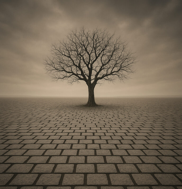 Verlassener Baum auf Kopfsteinpflasterstraße