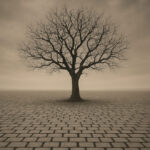 Verlassener Baum auf Kopfsteinpflasterstraße