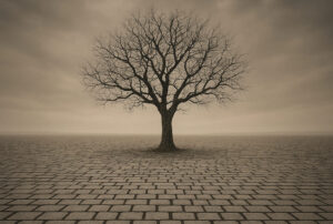 Verlassener Baum auf Kopfsteinpflasterstraße