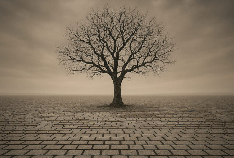 Verlassener Baum auf Kopfsteinpflasterstraße