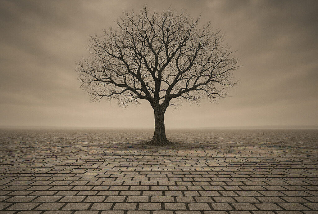 Verlassener Baum auf Kopfsteinpflasterstraße